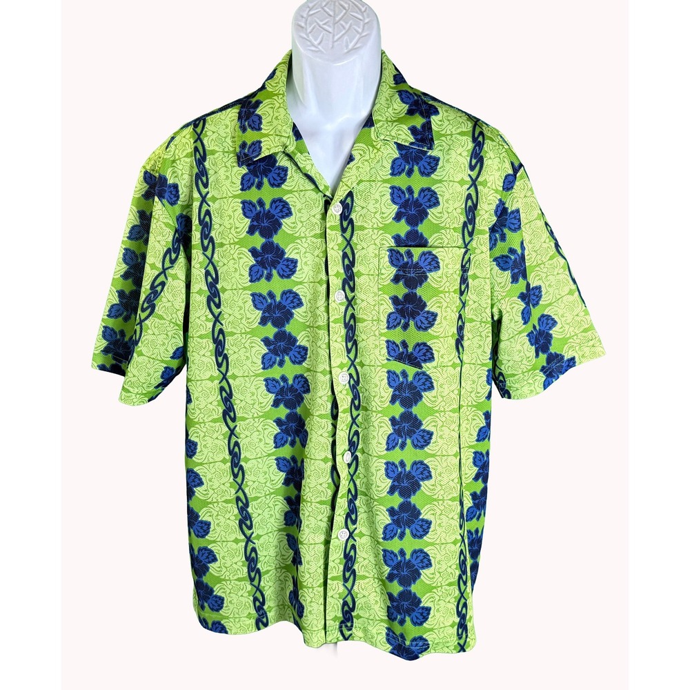 One Tough Brand Button Down Shirt Mens M Green Hibiscus Floral Mesh Tropical
